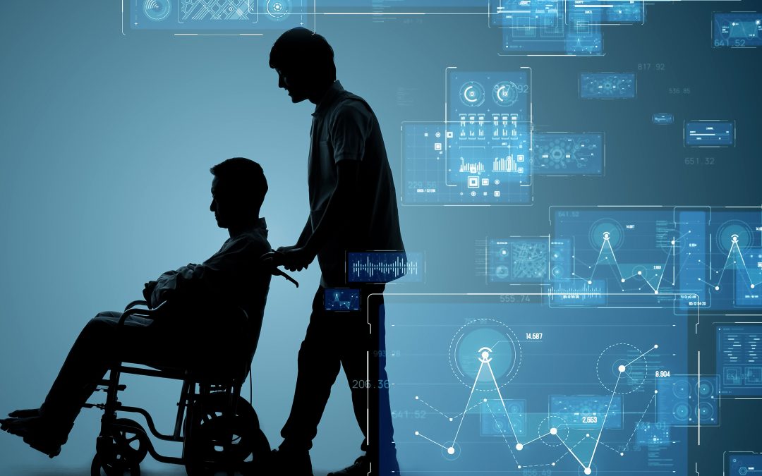 Long term care worker helping an older person against a data panel